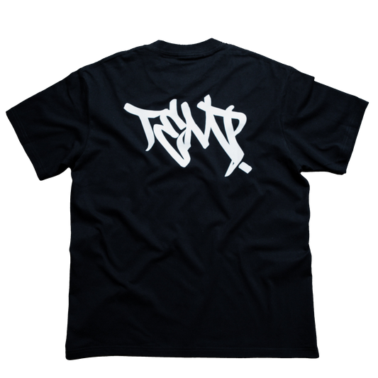 Black t-shirt with white graphic on a transparent background