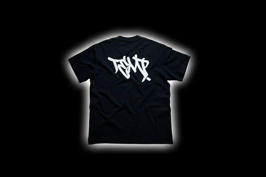 Black t-shirt with white graphic on a transparent background