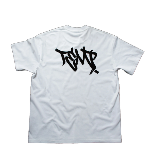 White t-shirt with black graphic design on a transparent background