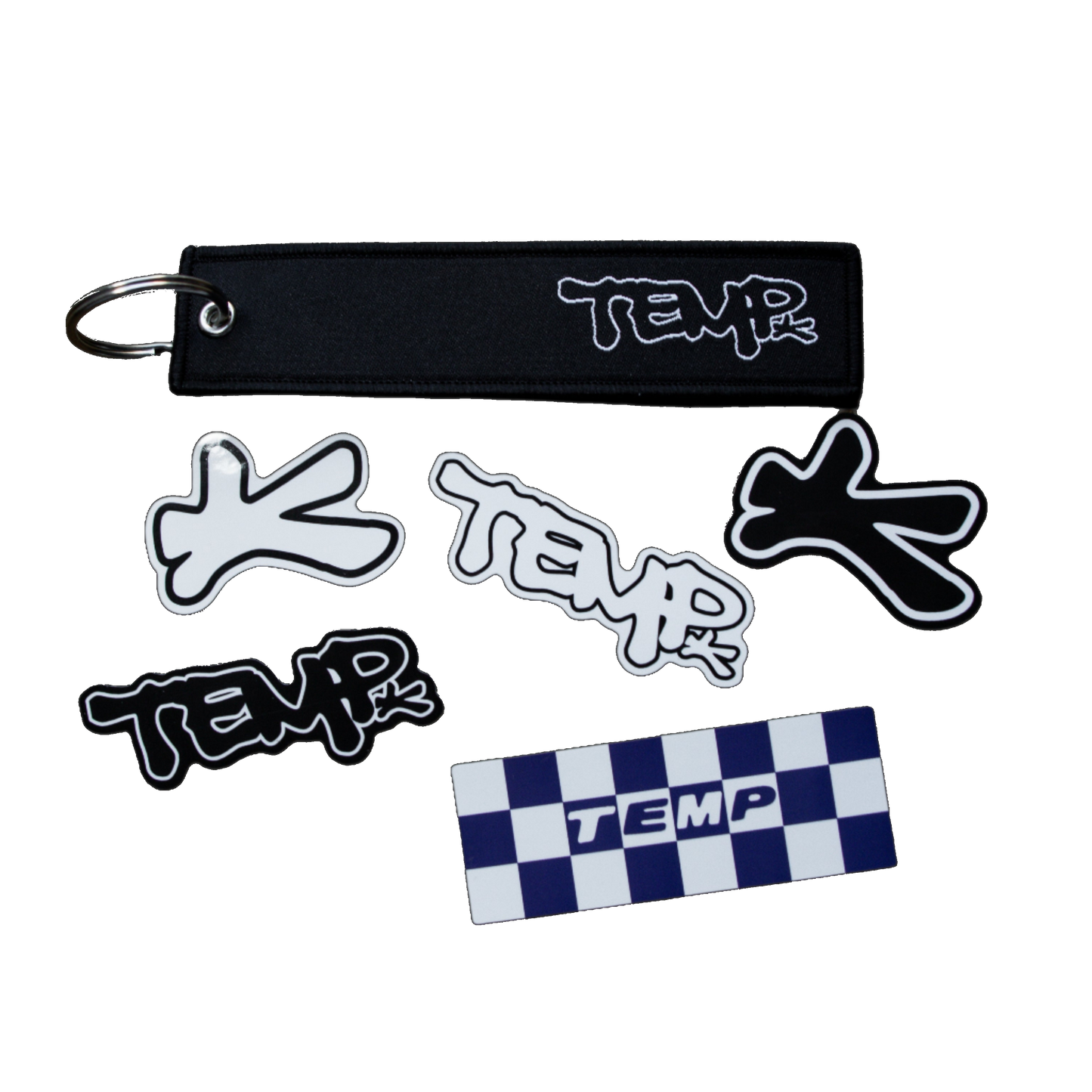 Collection of TEMP branded keychains and patches on a transparent background
