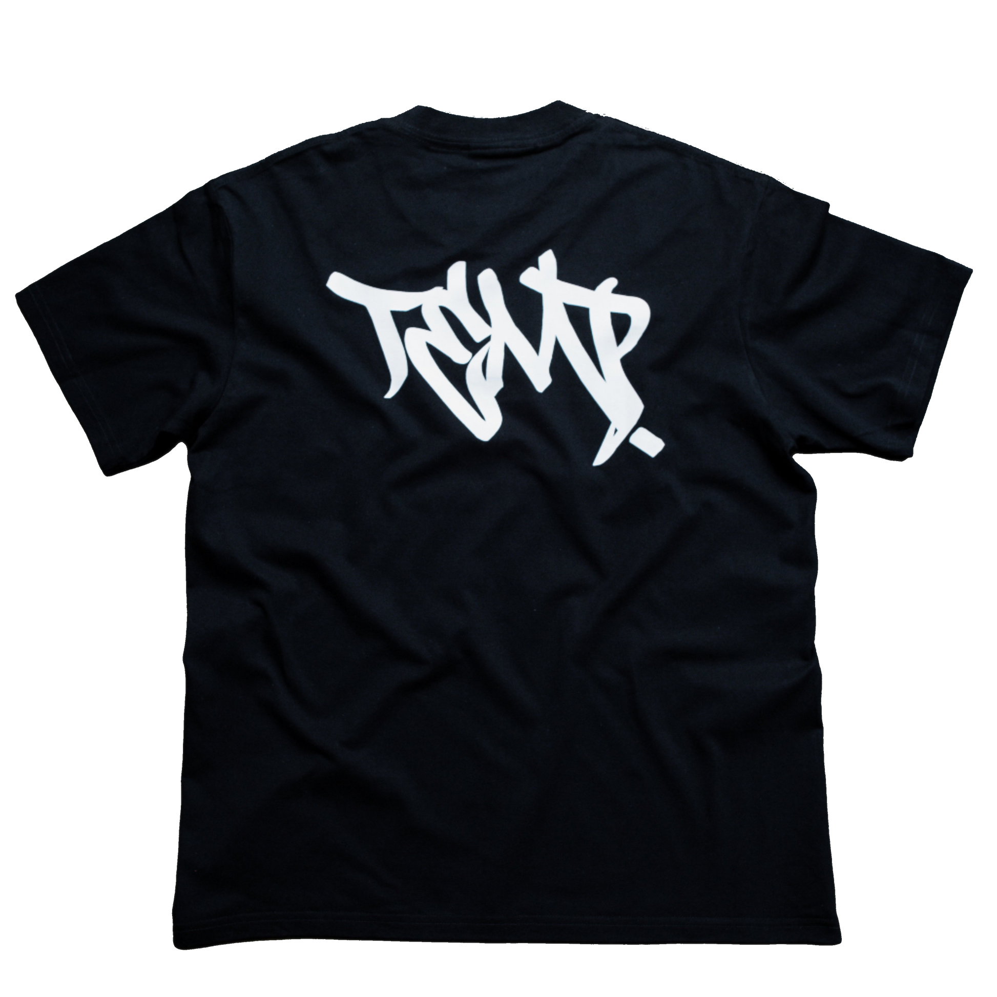 Black t-shirt with white graphic on a transparent background