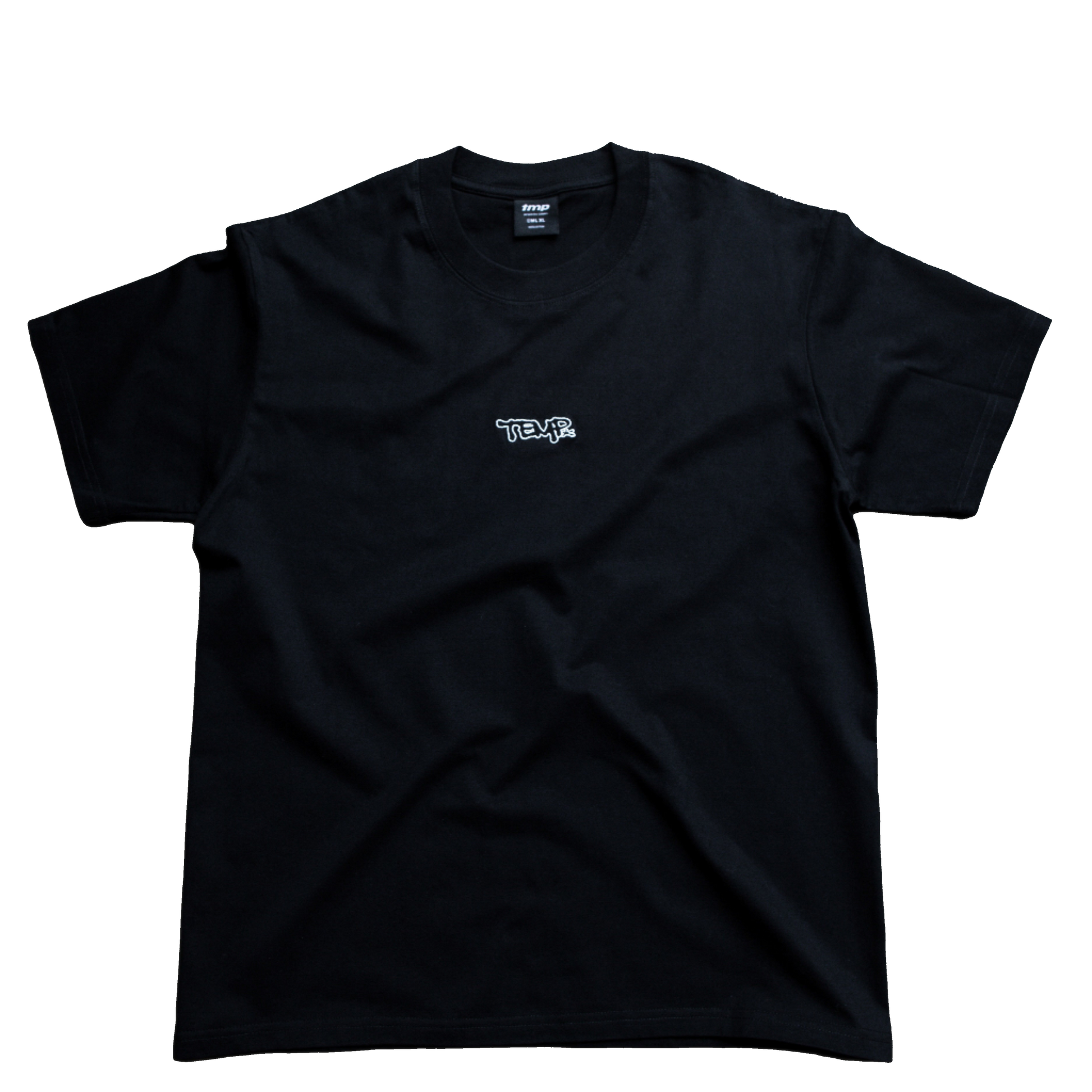 Black t-shirt with a logo on a transparent background