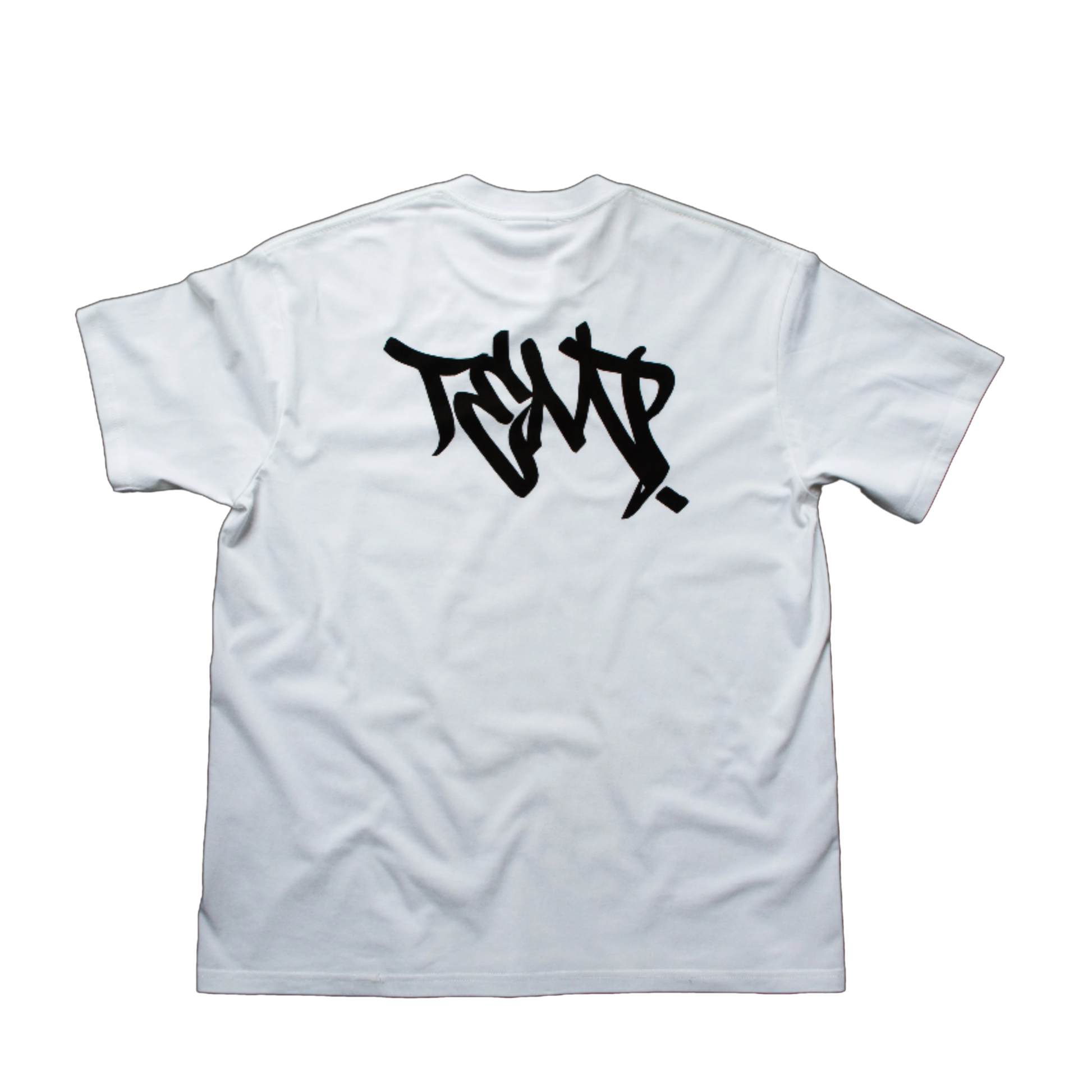 White t-shirt with black graphic design on a transparent background