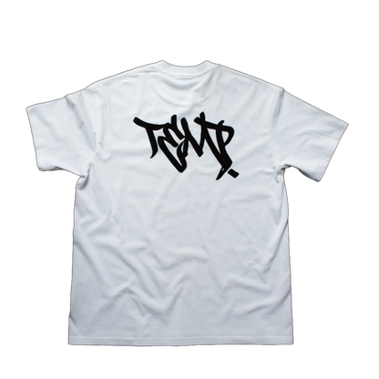 White t-shirt with black graphic design on a transparent background