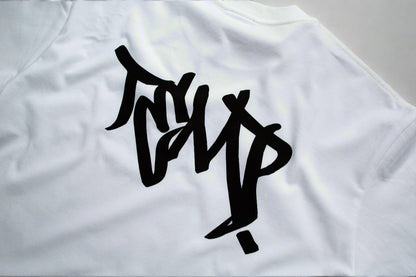 White t-shirt with black design on a gray background