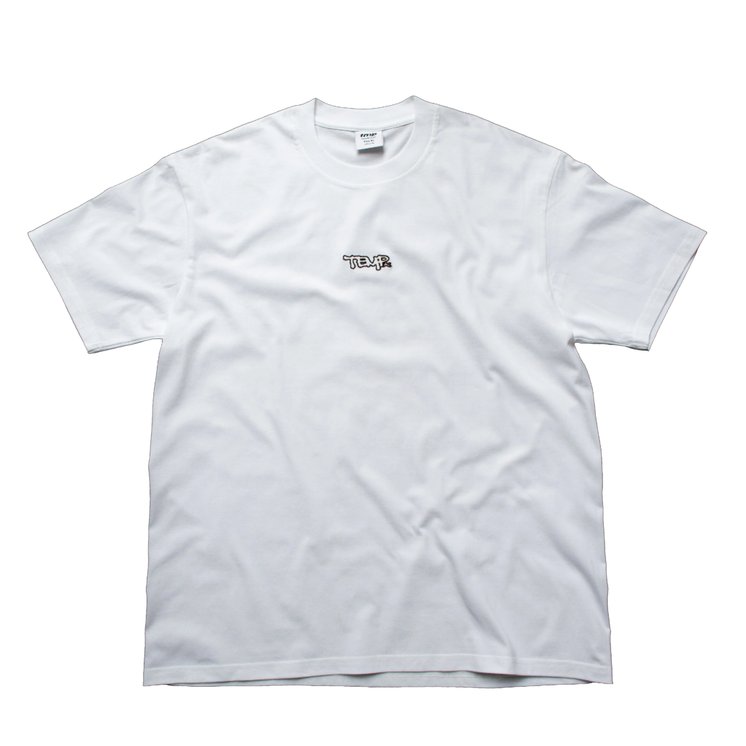 White t-shirt with a small logo on a transparent background