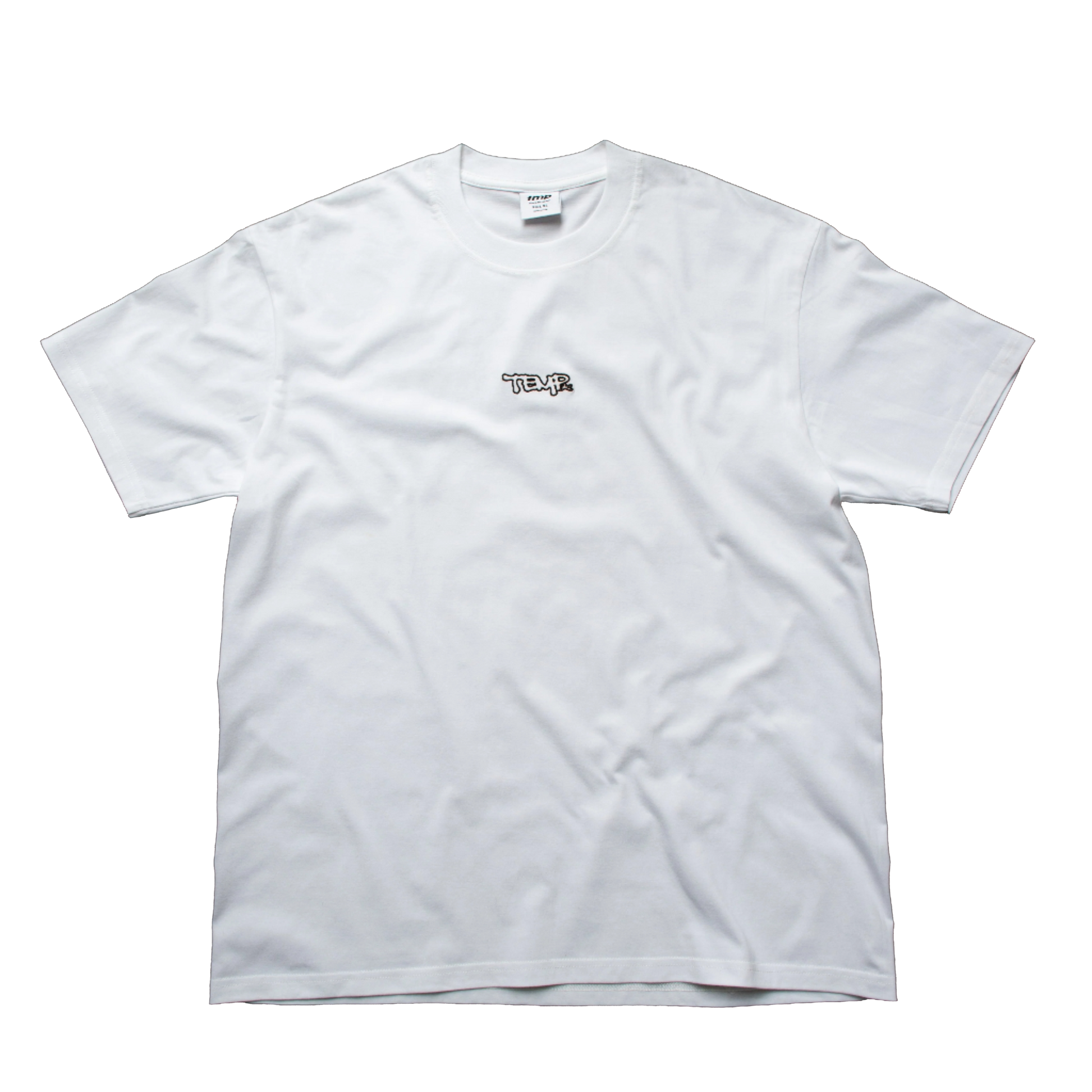 White t-shirt with a small logo on a transparent background