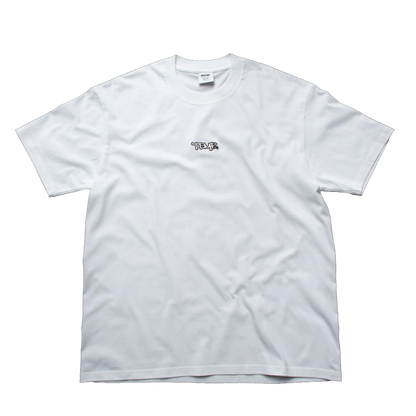 White t-shirt with a small logo on a transparent background
